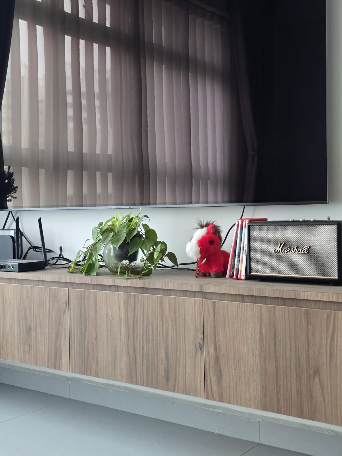 A floating timber-look TV console with plants, books and a speaker, below a wall-mounted TV and vertical blinds.