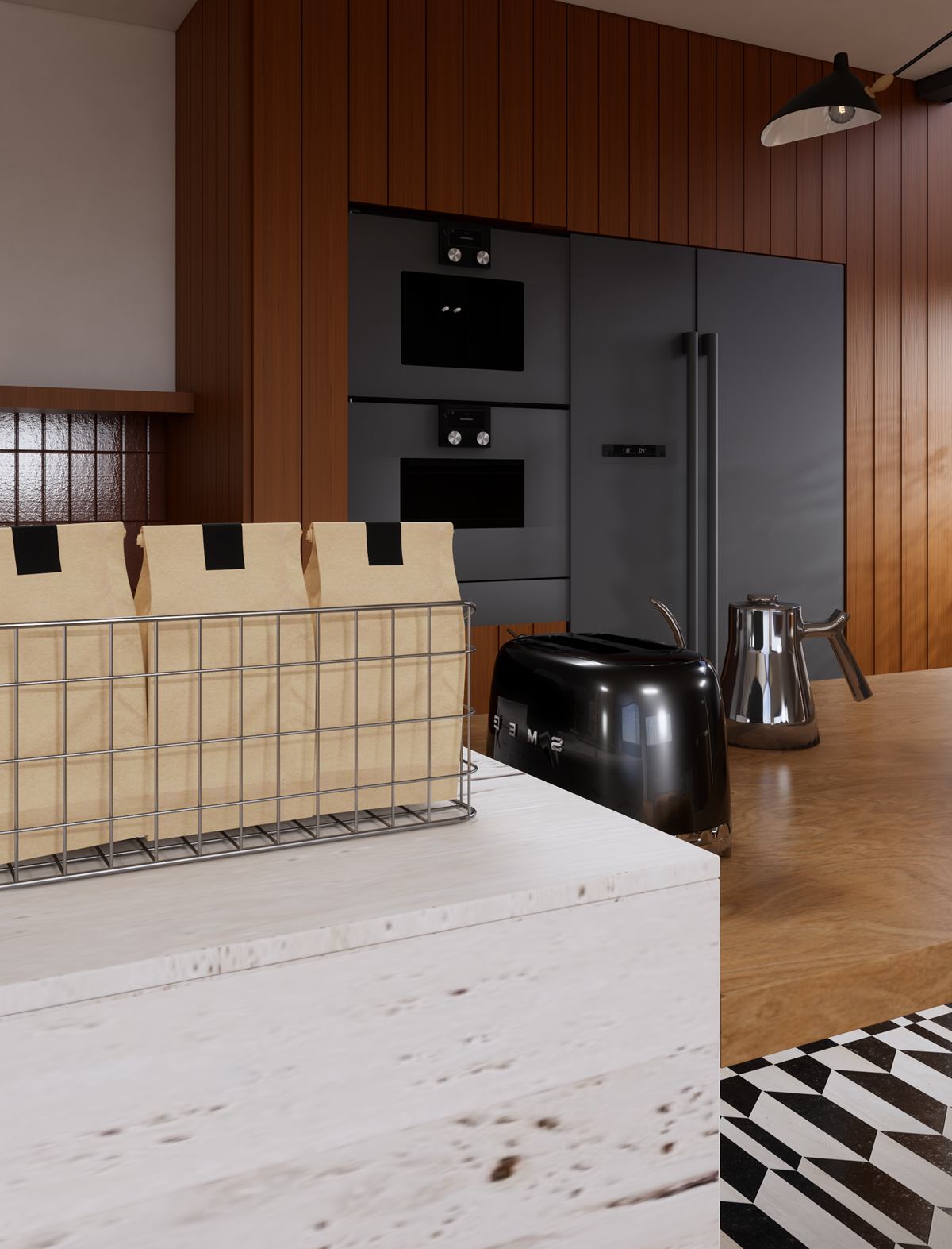 Detail of the travertine-look island with a wire basket, a kettle and dark ovens behind.