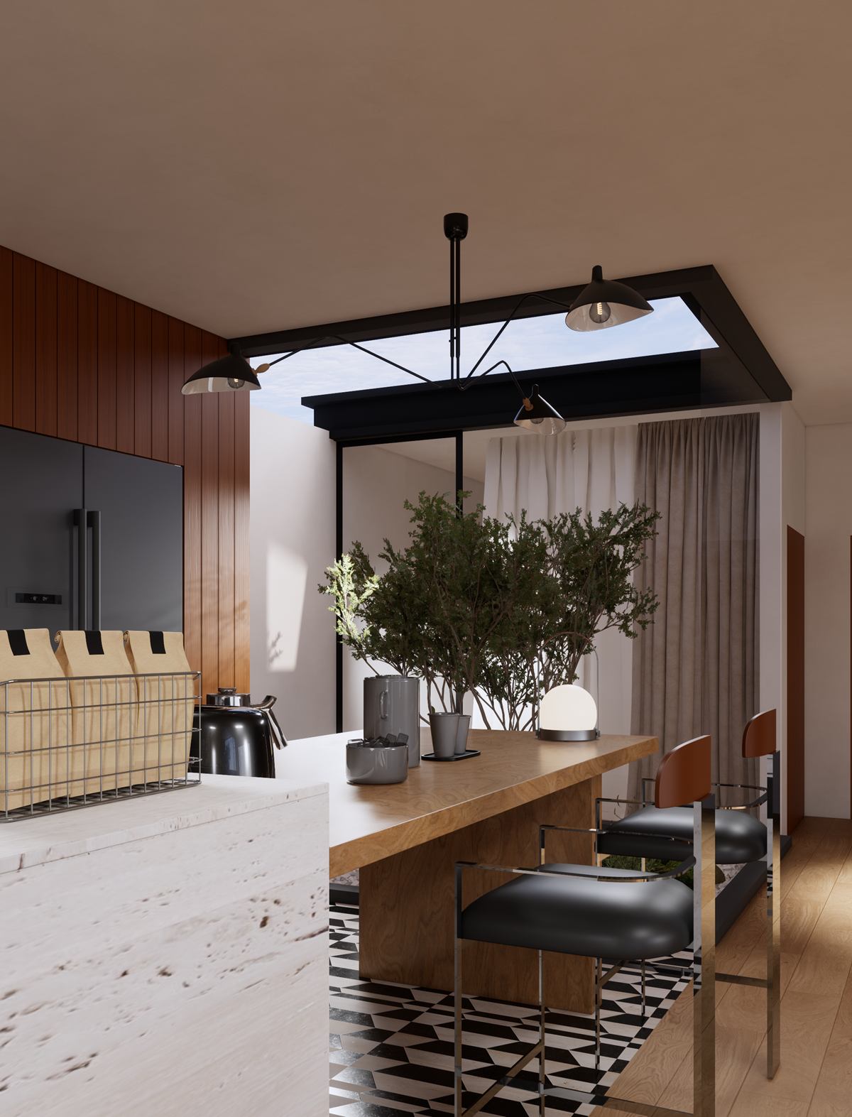A timber dining counter under a skylight, with black chairs and the courtyard tree behind.
