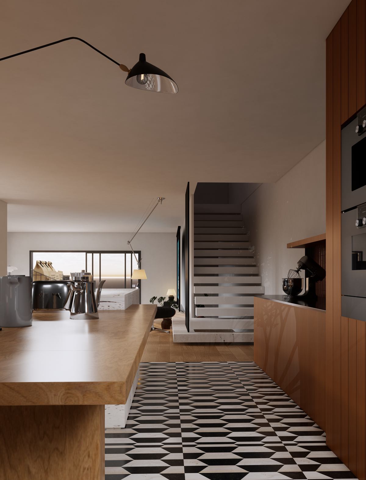 A black-and-white patterned floor leading past a timber counter to a white stair.