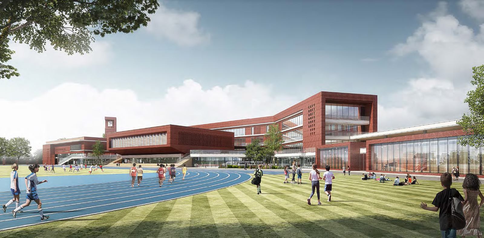 Fushun Experimental Middle School — The red-brick campus across the sports ground.