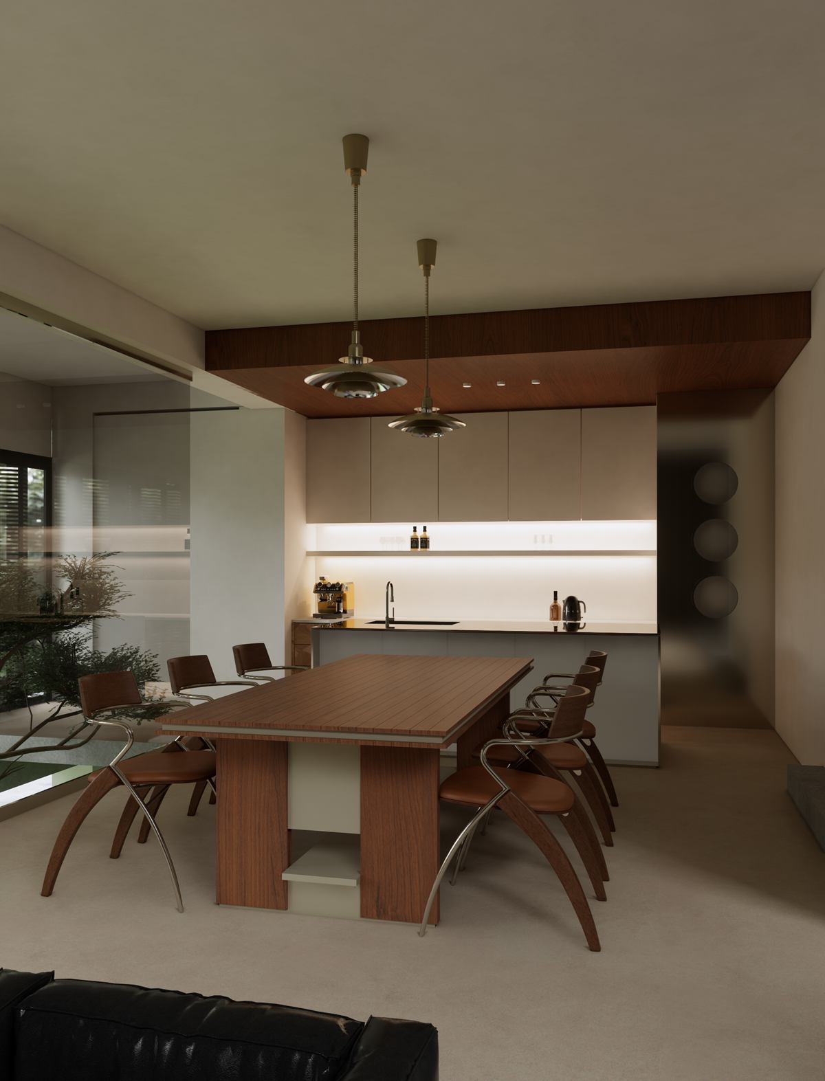 Rendering of the dining table with sculpted timber chairs under two brass pendants.