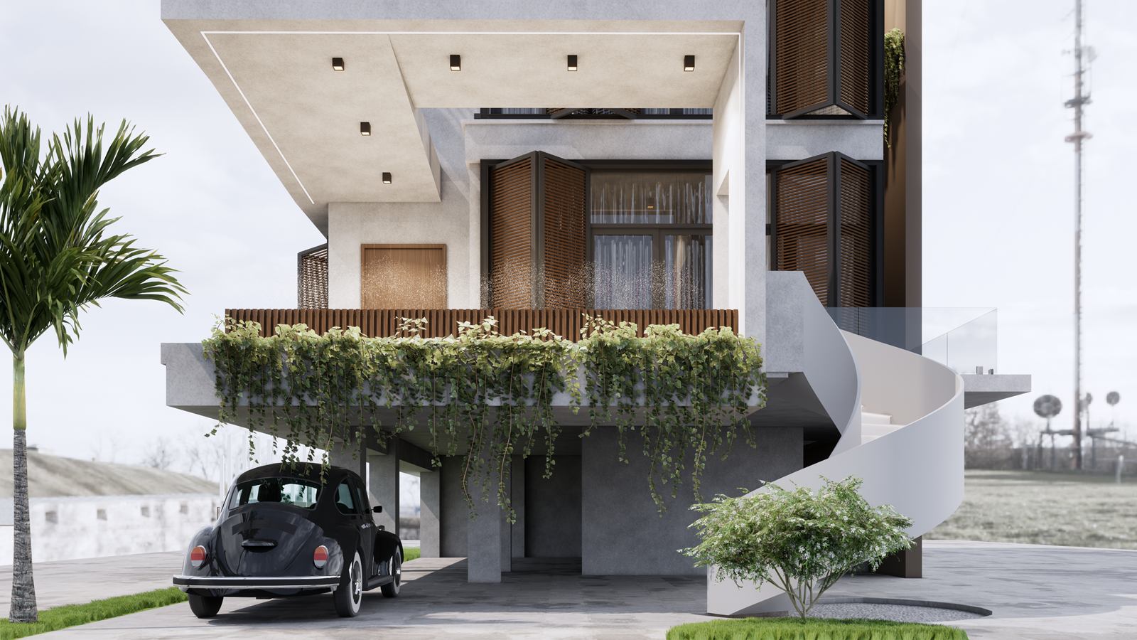 The house front: stepped concrete canopies, timber screens, trailing planting on the balcony and a white spiral stair, with a car in the car porch.