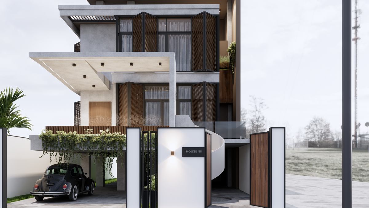 Rendering of the front gate standing open onto the car porch, with the layered façade above.