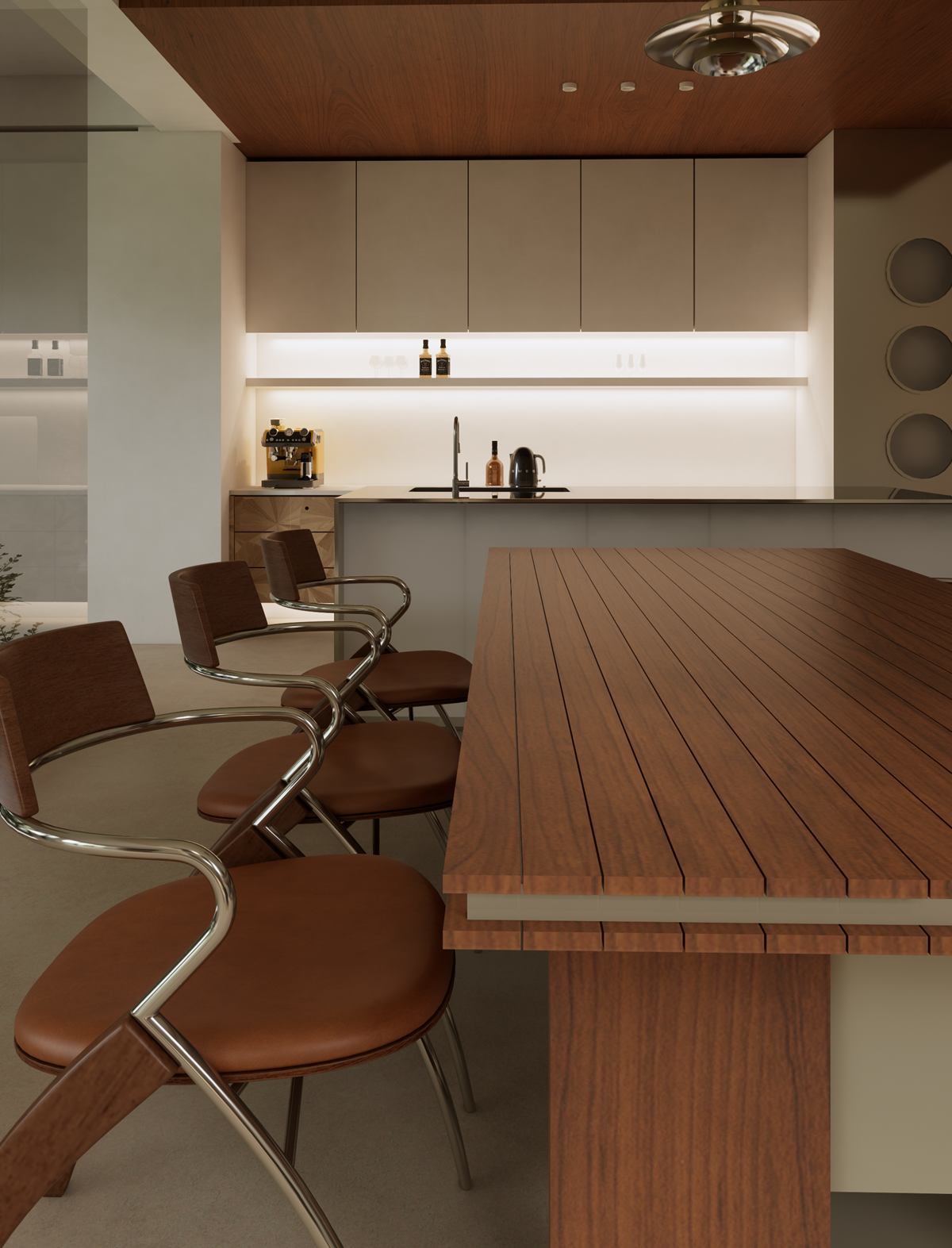 Rendering of a timber-topped island with curved leather and chrome stools, in front of pale kitchen cabinets.