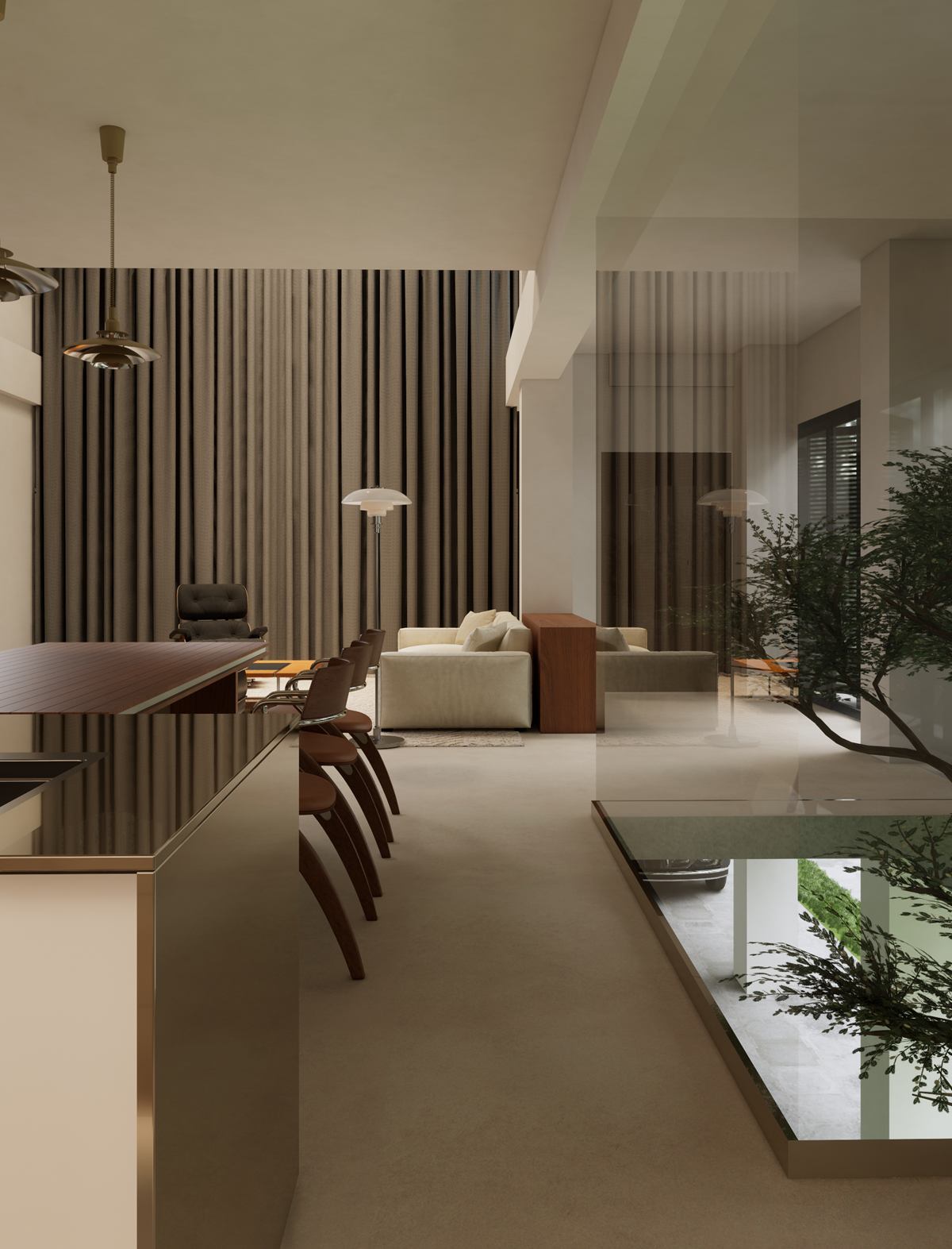 Rendering of the route past the kitchen island, with full-height curtains and a planted, glazed light well to the right.