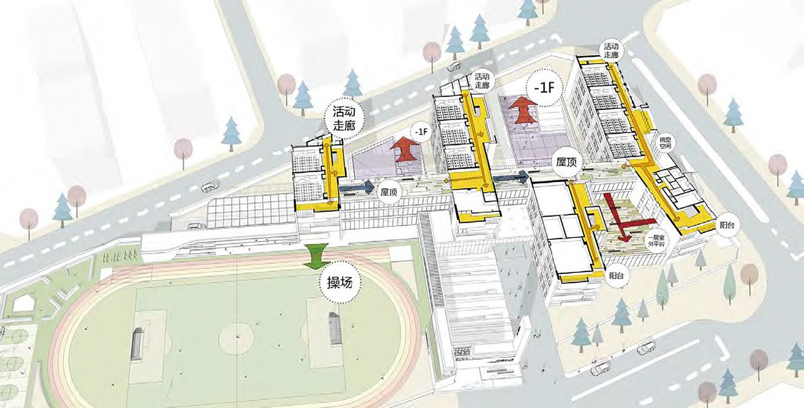 Xi'an Vanke Lidesi Primary School — Activity corridors, roofs and sunken courts.