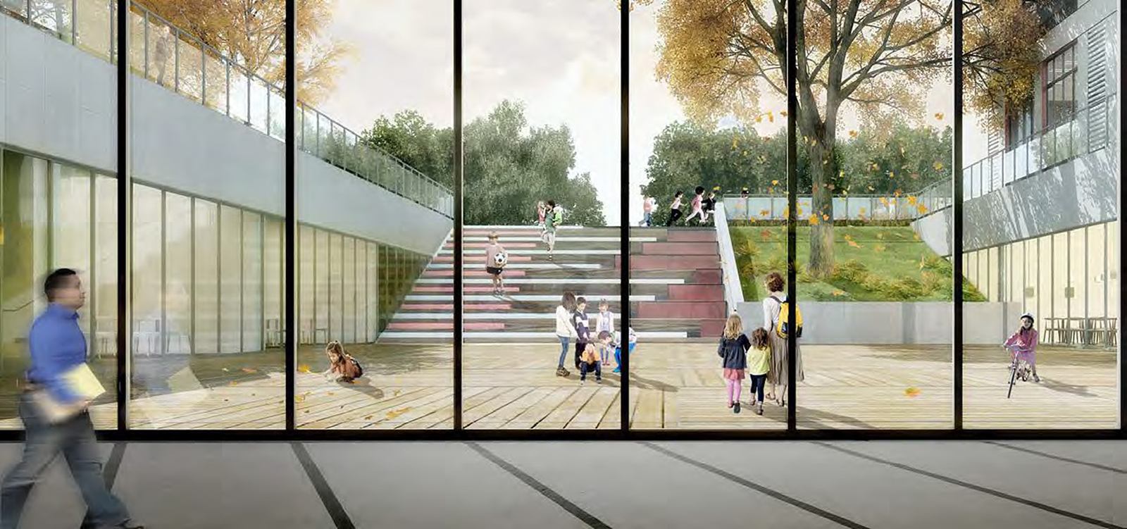 Xi'an Vanke Lidesi Primary School — Stepped seating inside the activity corridor.